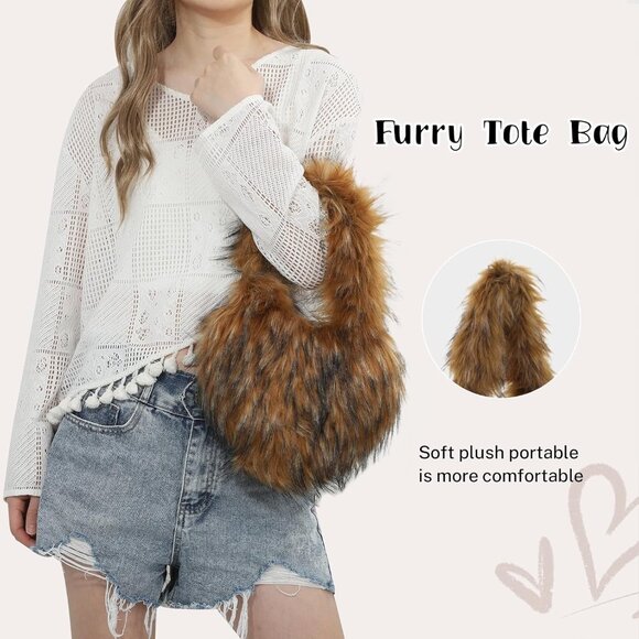 Chic Heart-Shaped Faux Fur Tote Bag - Soft Plush Winter Handbag for Women